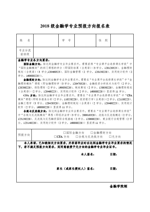 2018级金融学专业预报方向报名表