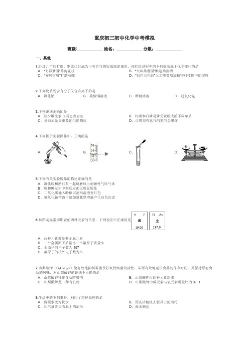 重庆初三初中化学中考模拟带答案解析
