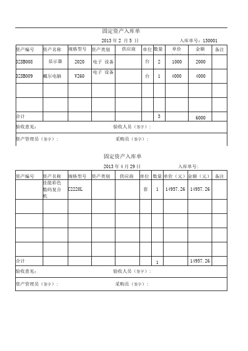 固定资产入库单(最佳模板~两联)