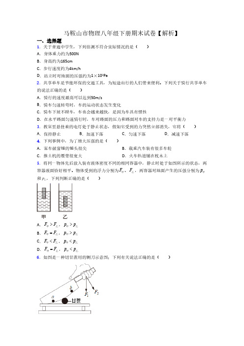 马鞍山市物理八年级下册期末试卷【解析】