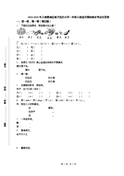 2018-2019年上海青浦区育才民办小学一年级上册语文模拟期末考试无答案