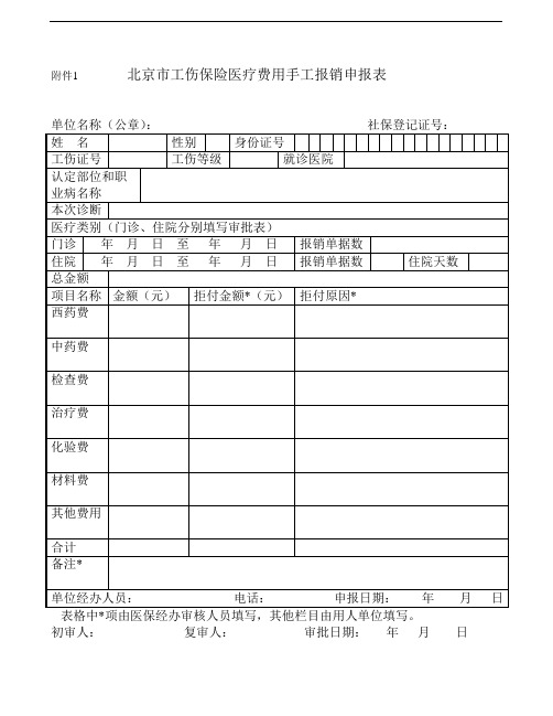 北京市工伤保险医疗费用手工报销申报表