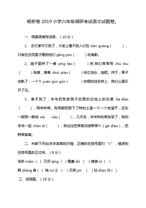 杨新巷2019小学六年级调研考试语文试题卷。