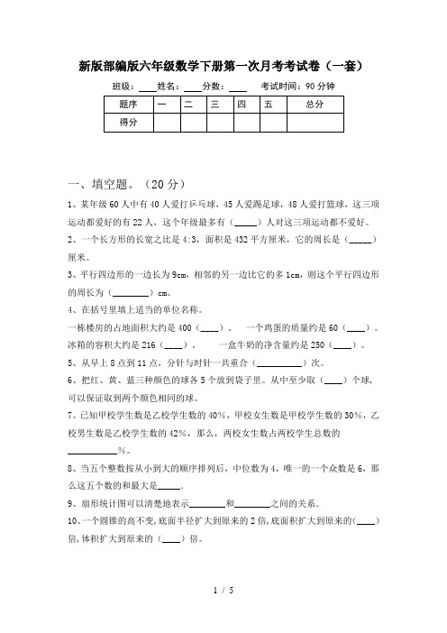 新版部编版六年级数学下册第一次月考考试卷(一套)