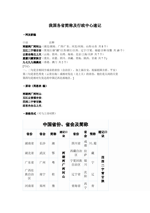 我国各省简称及行政中心速记