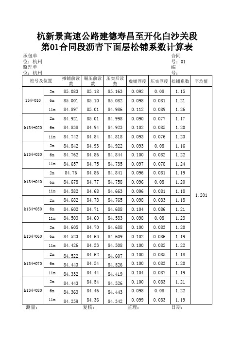 沥青下面层 试验路段松铺系数计算表