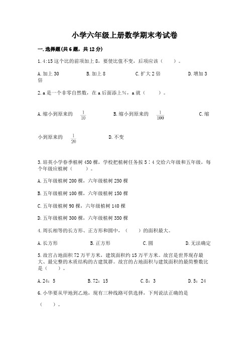 小学六年级上册数学期末考试卷及参考答案【完整版】