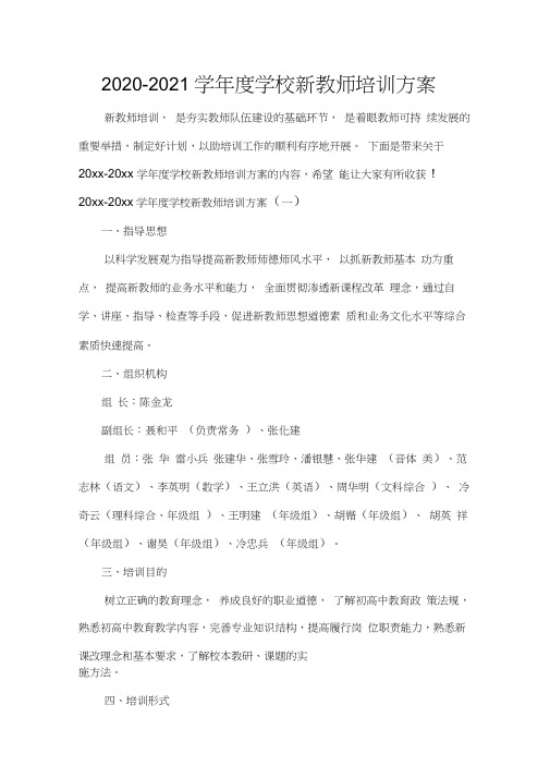 教师工作计划2020-2021学年度学校新教师培训方案