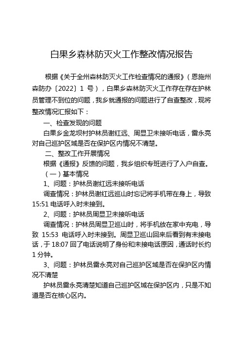 白果乡森林防灭火工作整改情况报告