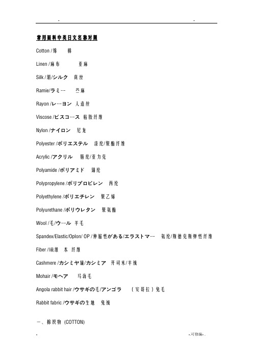 常用面料中英日文名称对照