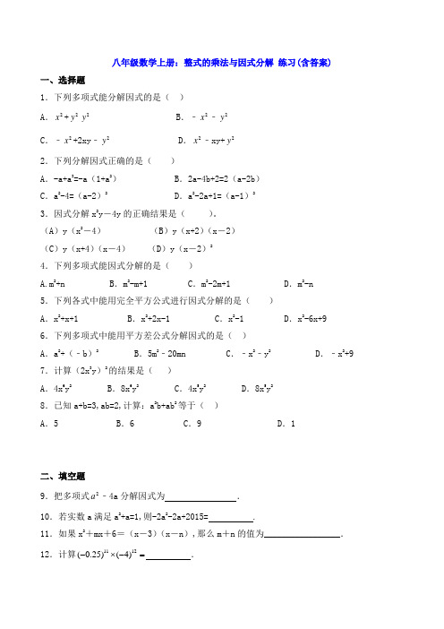 八年级数学上册:整式的乘法与因式分解 练习(含答案)