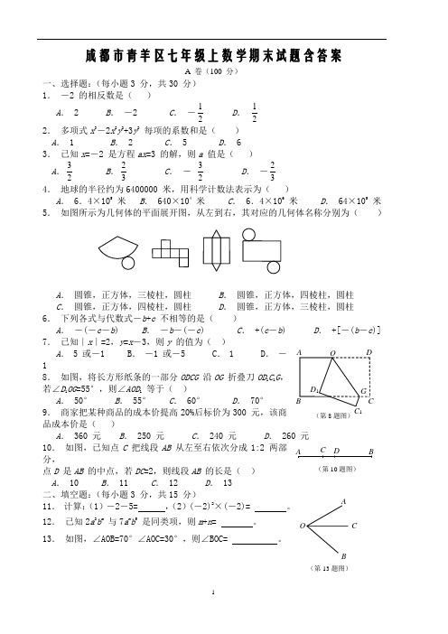 成都市青羊区七年级上数学期末试题含答案