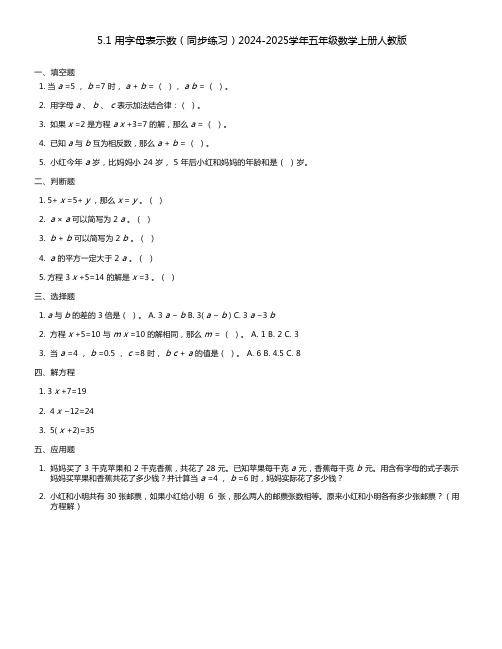 5.1 用字母表示数(同步练习)2024-2025学年五年级数学上册人教版