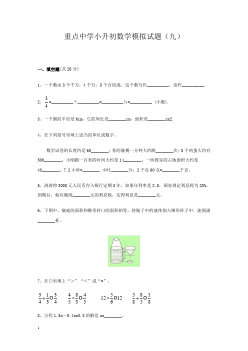 重点中学小升初数学模拟试题(九)及参考答案2013