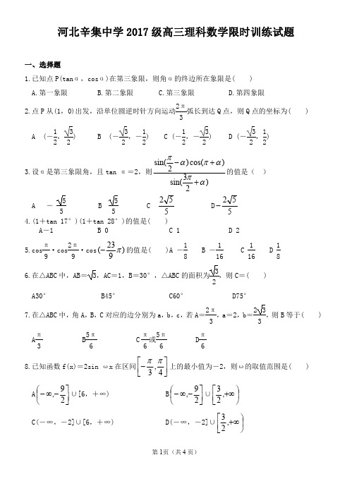 河北省辛集中学2020届高三上学期数学(理)限时训练试题4 PDF版不含答案