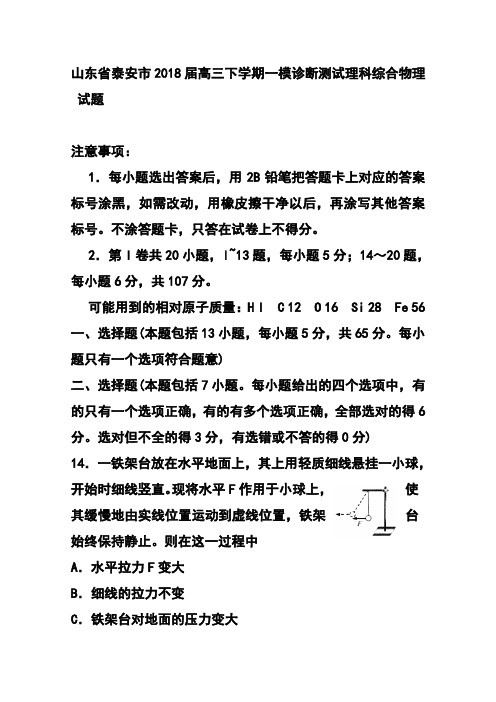 2018届山东省泰安市高三下学期一模诊断测试物理试题及答案