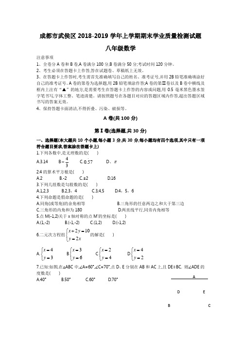 成都武侯区2018-2019学年八年级上期数学期末测试题