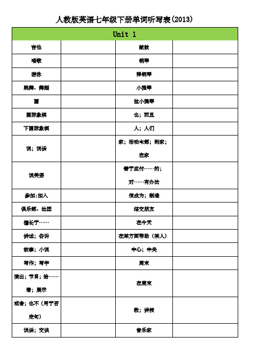 人教版英语七年级下册单词听写表