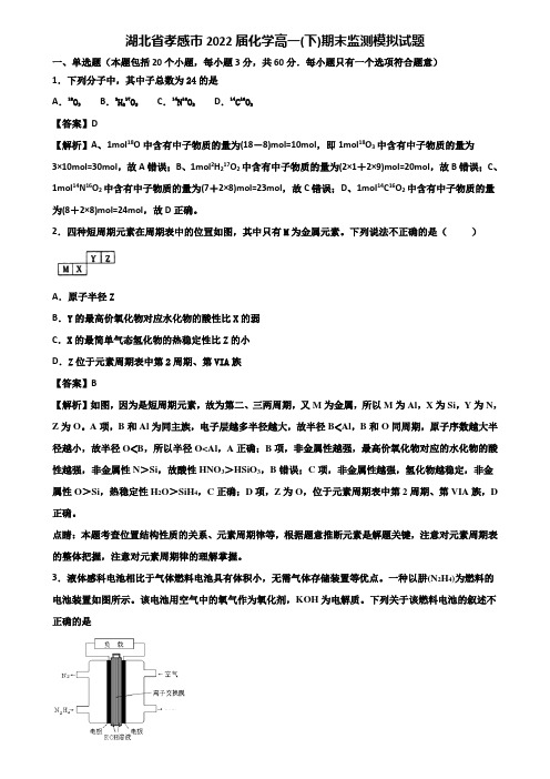 湖北省孝感市2022届化学高一(下)期末监测模拟试题含解析