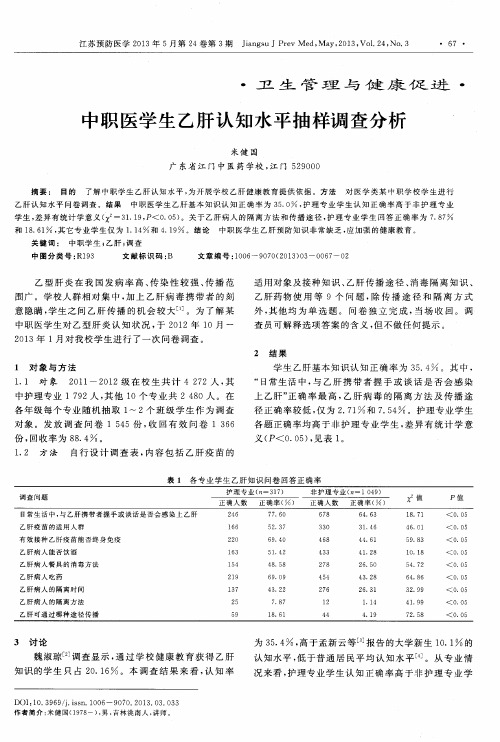 中职医学生乙肝认知水平抽样调查分析