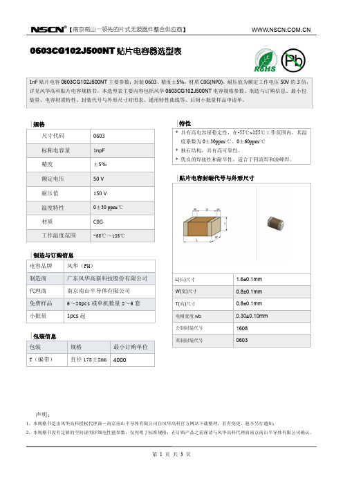 1nF贴片电容0603CG102J500NT《风华电容样品单》