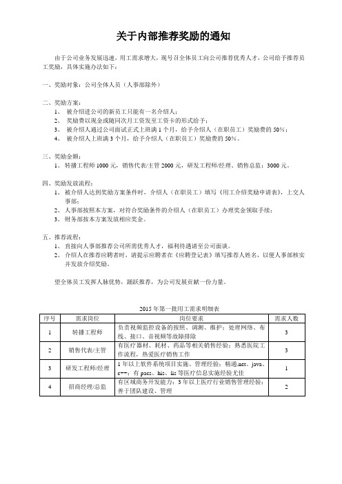 关于内部推荐奖励的通知