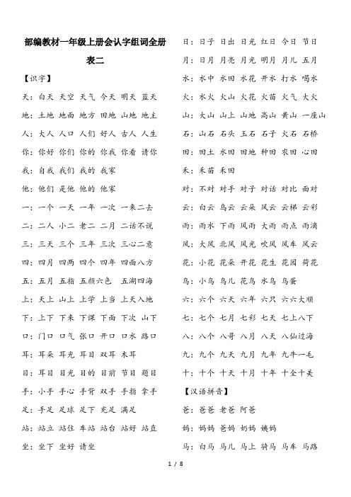 最新部编教材一年级上册会认字组词全册表二