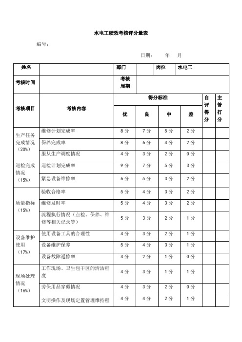 最新水电工绩效考核评分量表资料