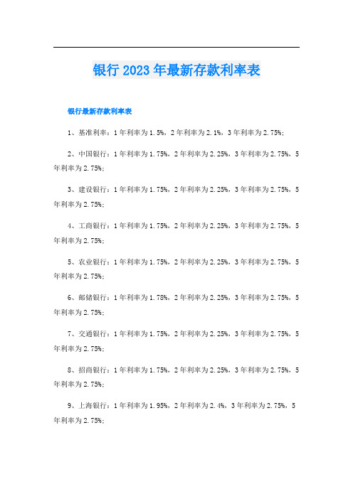 银行2023年最新存款利率表