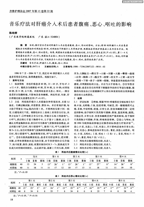 音乐疗法对肝癌介入术后患者腹痛、恶心、呕吐的影响