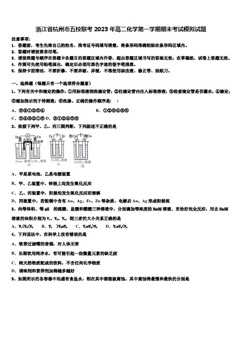 浙江省杭州市五校联考2023年高二化学第一学期期末考试模拟试题含解析