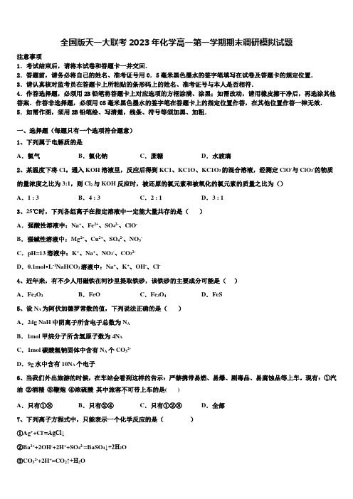 全国版天一大联考2023年化学高一第一学期期末调研模拟试题含解析