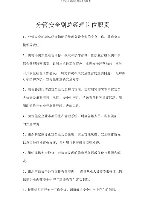 分管安全副总经理安全的职责