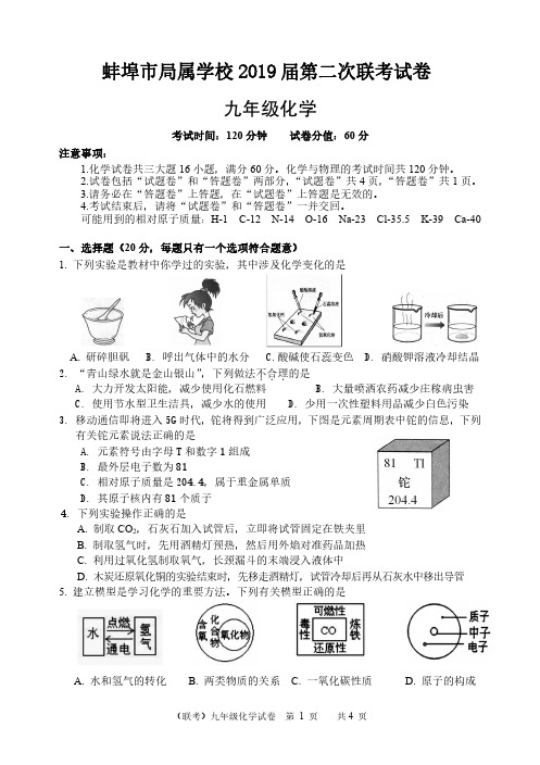 2019年安徽省蚌埠市中考化学模拟试题