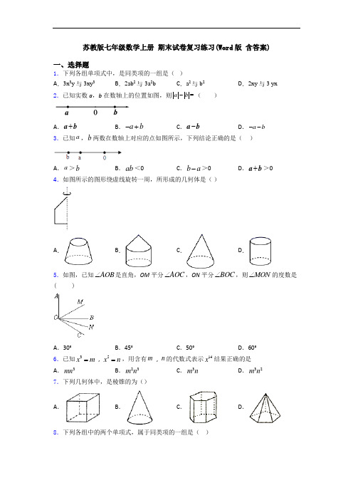 苏教版七年级数学上册 期末试卷复习练习(Word版 含答案)