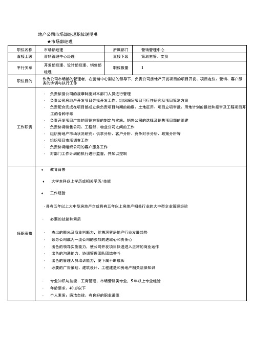 地产公司市场部经理职位说明书