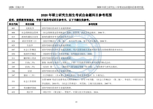 河海大学2020硕士研究生招生考试自命题科目参考范围