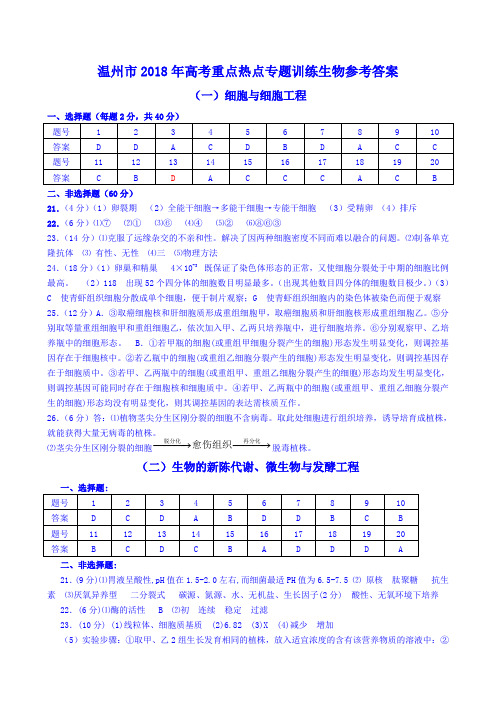 最新-温州市2018年高考重点热点专题训练生物参考答案 