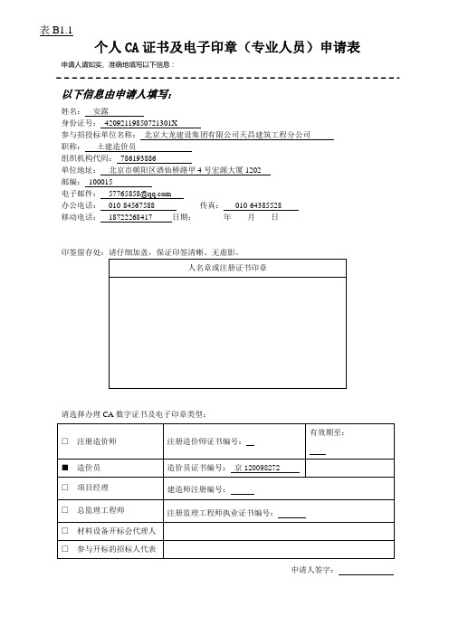 (专业人员)CA证书及电子印章申请表B