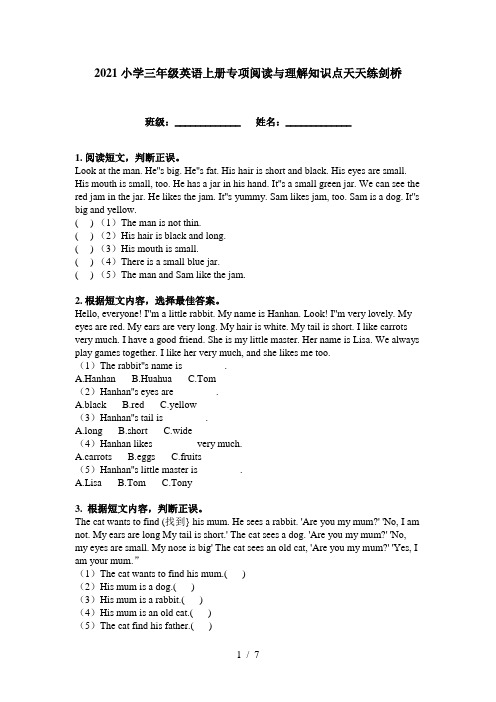 2021小学三年级英语上册专项阅读与理解知识点天天练剑桥