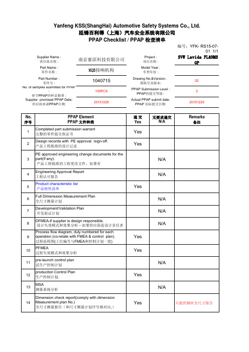 01 PPAP检查清单PPAP checklist