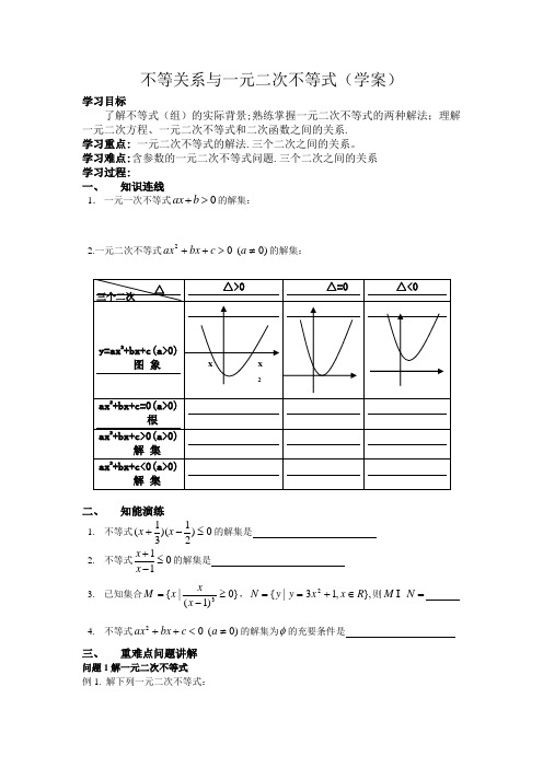 苏教版高中数学必修五一元二次不等式学案(1)