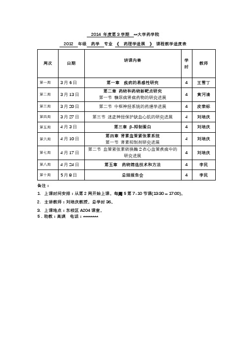 2014年度第3学期中山大学药学院2012年级药学专业《药理学进展》课程教学进度表【模板】