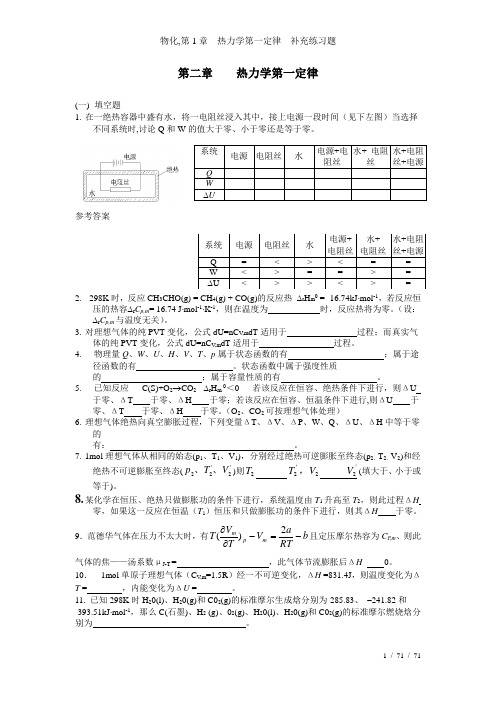 物化,第1章  热力学第一定律---补充练习题