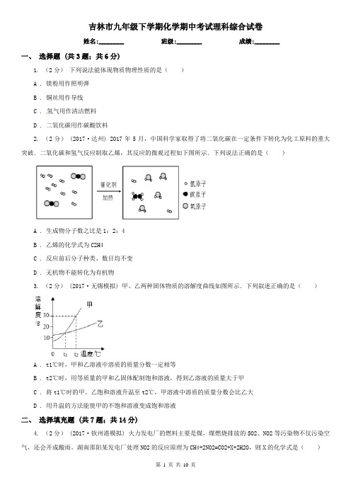 吉林市九年级下学期化学期中考试理科综合试卷