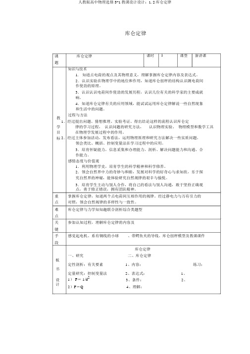 人教版高中物理选修3-1教案设计：1.2库仑定律