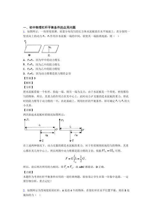 2020-2021中考物理 杠杆平衡条件的应用问题综合试题含答案