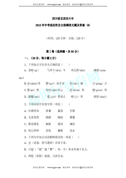 四川省宜宾市六中2012年中考适应性自主检测语文题及答案 (1-20套)-17