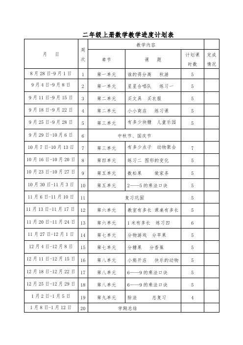 二年级上册数学教学计划进度表