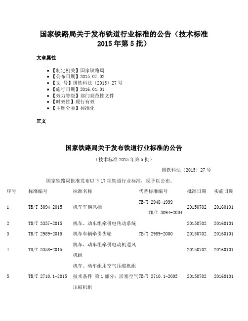 国家铁路局关于发布铁道行业标准的公告（技术标准2015年第5批）